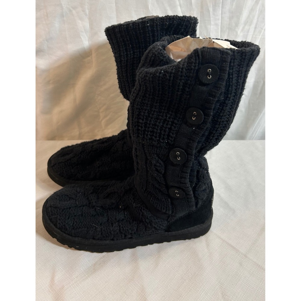 UGG Lattice Cardy Boots Black Knit Button Tall Women Boots